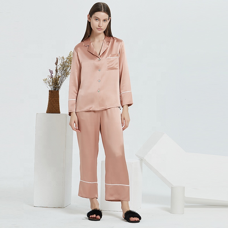 2 Pieces Long Sleeve Women's 100% Real Pure Satin Silk Sleepwear Real High Women Silk Pajamas Set 