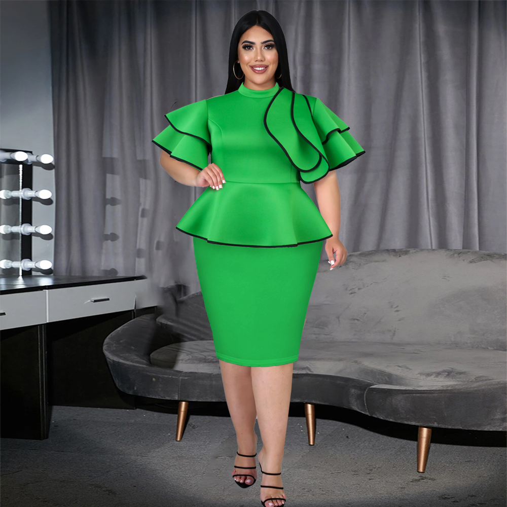 Plus Size High Neck Peplum Elegant Ruffles Women Office Career Dresses 