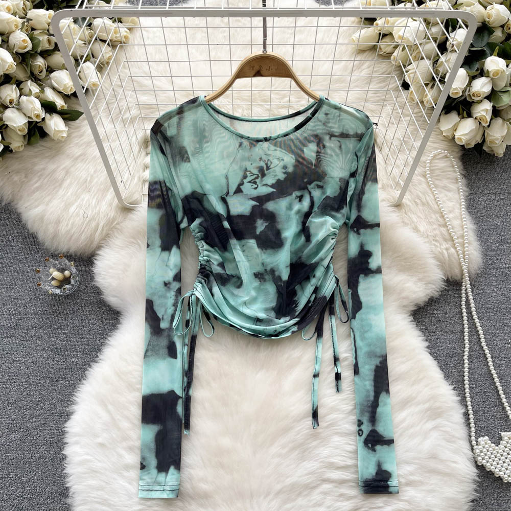 French Retro Tie-dye Drawstring Round Neck T-shirt Tops Fall Women's Long Sleeve Slim Bottoming Shirt 