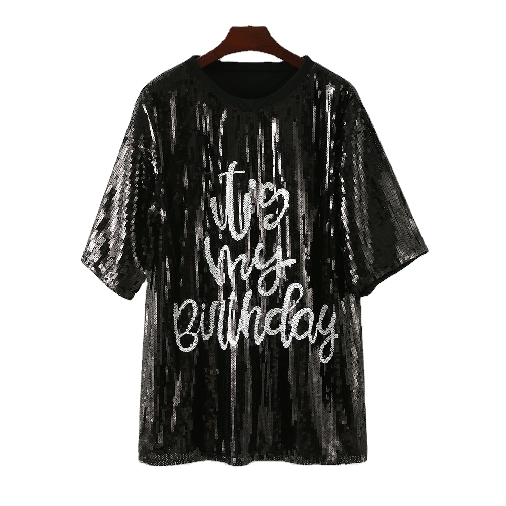 Oversize Style Women Casual Fashion Bling Long T-shirts Girl's Sexy Loose Short Sleeve Birthday Sequins T Shirt Dress 