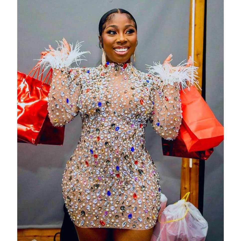 Enyen 2023 Fashion Women Mesh Crystals Sexy Short Dress Ladies Evening Party Bodycon Rhinestones Birthday Wear Mini Dresses 