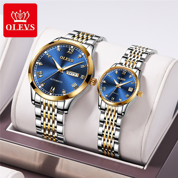 Olevs 6602 Mechanical Couple Watch Pair Man And Woman Stainless Steel Waterproof Lovers Watches Reloj Mujer Hombre Luxury Brand 