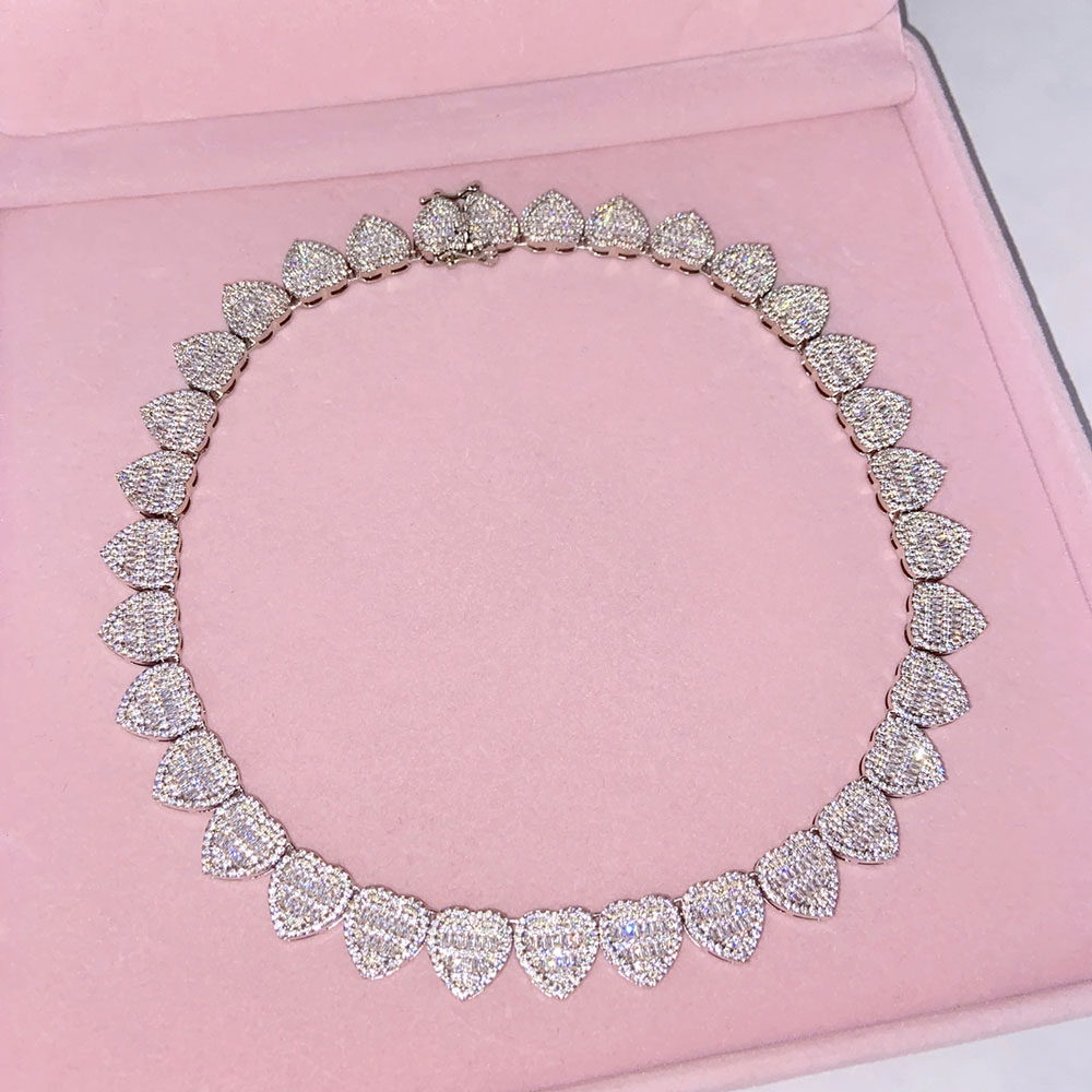 New Baguette Cz Heart Necklace 12mm Full Iced Out Bling Cubic Zirconia Charm Choker Fashion For Women Hip Hop Jewelry 