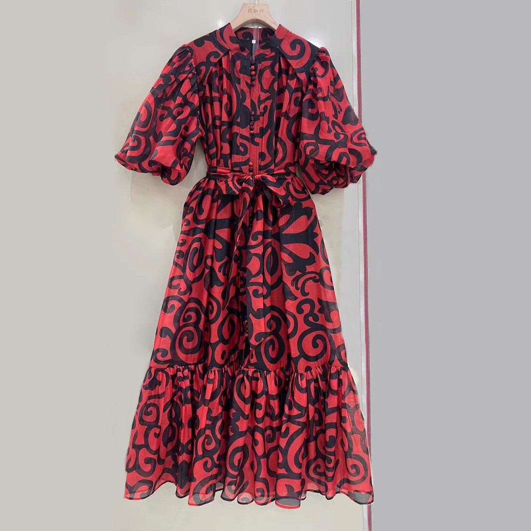 Spring Summer Mid Loose Dress Women Design Fashion Puff Sleeve Contrast Color Printed Belt Vintage Ethnic Party