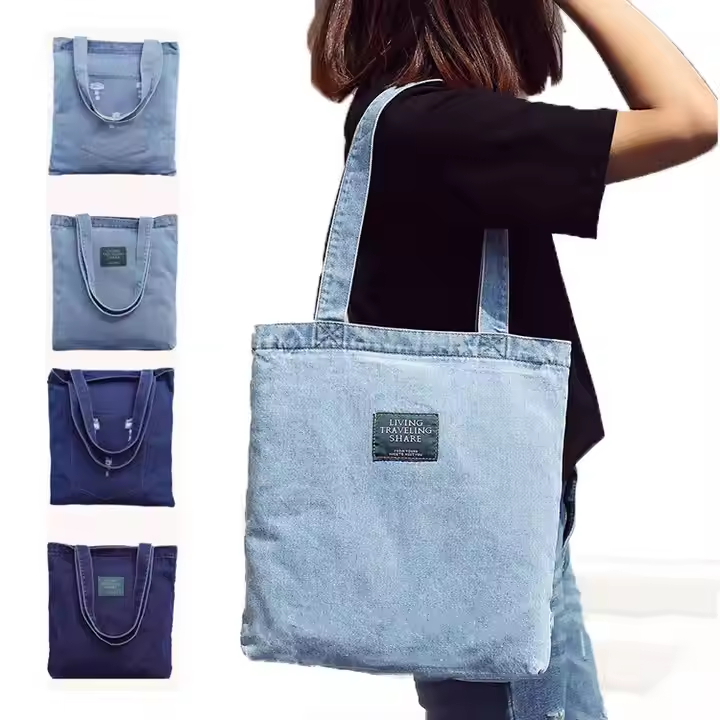 Hot Sale Reusable New Canvas Fabric Shopping Bag Women's Fashion Shoulder Jean Plain Tote Large Capacity Denim Bags With Zipper