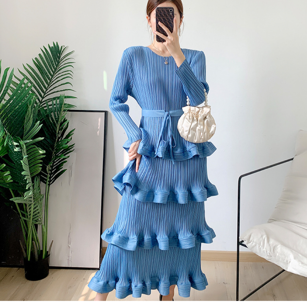 Miyake Cake Dress Modest Sailor Collar Women Long Midi Korea Luxury Long Sleeve Pleated Evening Dress Ruffle Dress 