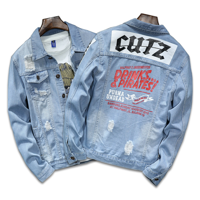 2022 Wholesale Custom Fashion Mens Jeans Denim Light Blue Color Mens Coat Jacket 