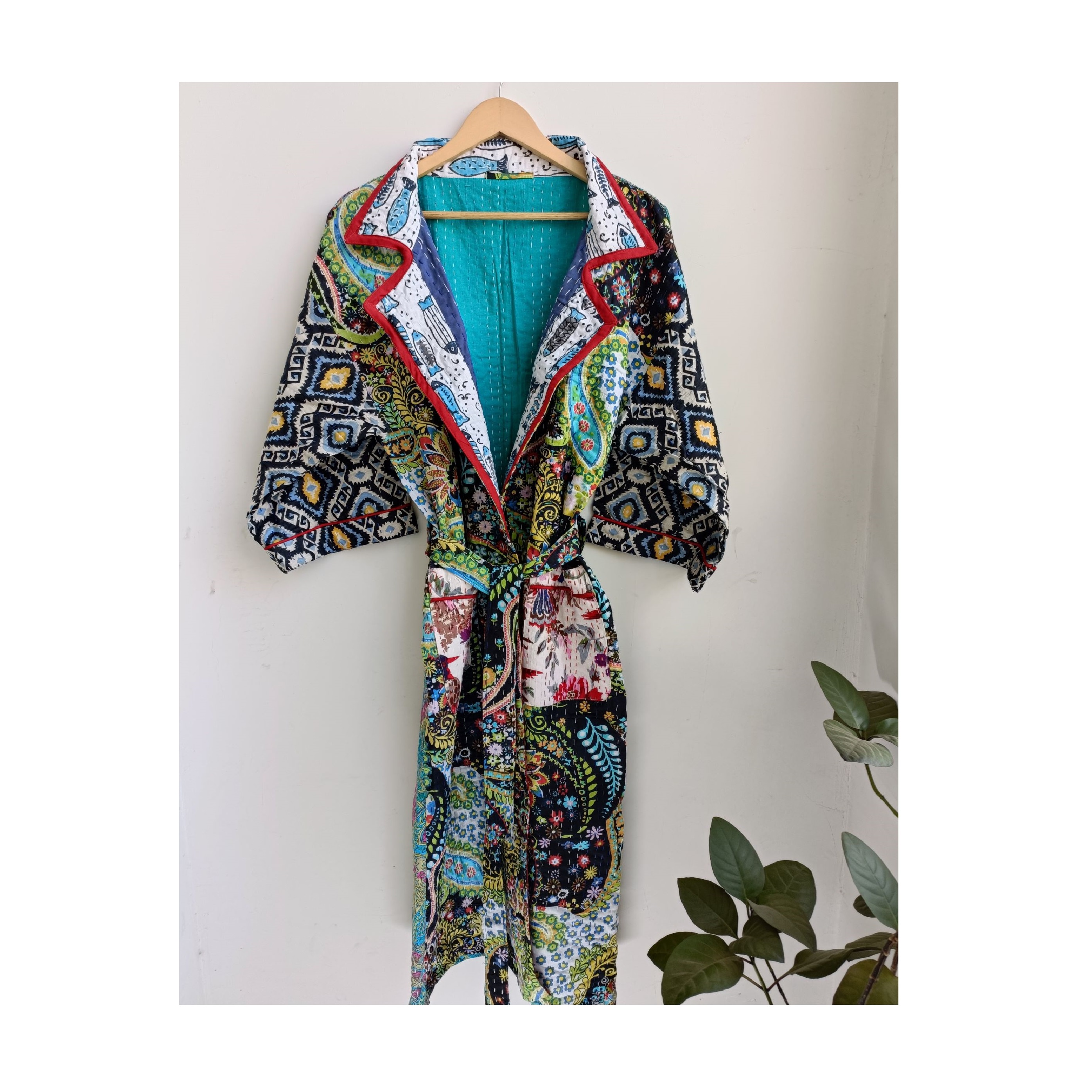 Indian Kantha Printed Robe Gown Women Boho Maxi Long Kimono Dress Sleepwear At Wholesale Price 