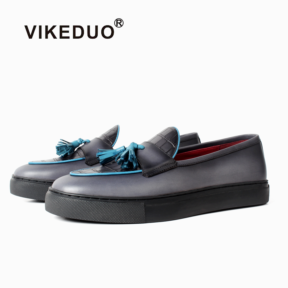 Vikeduo Hand Made Official Version Genuine Leather Grey Tassel Design Sport Sneaker Mens Dress And Casual Shoe 