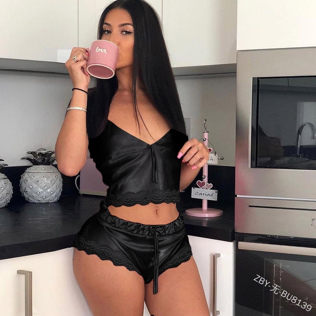 Wholesale Sexy Women Summer Satin Vest Top Leisure Wear Drawstring Lingerie Shorts Sleepwear Two Piece Pajama Sets 