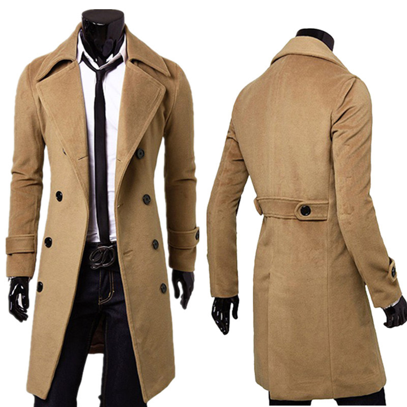 Latest Design Autumn Winter Warm Fleece Men&#39;s Slim Woolen Coat Double-breasted Long Men Jacket 