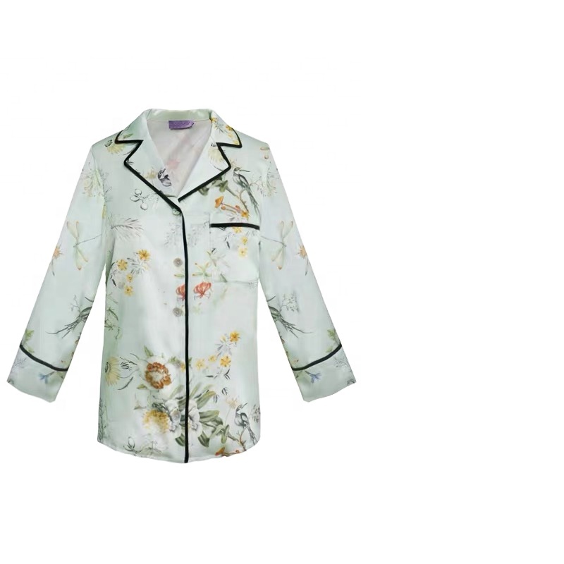 Fashion Women's 100% Silk Pajamas Sleepwear Satin Custom Printed Long Sleeve Designers Pajamas 