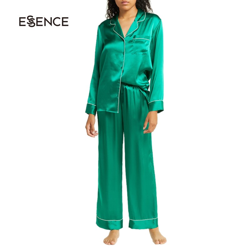 Winter Women And Men Matching Pajamas Sets Silk Pure Green Silk Pyjamas 