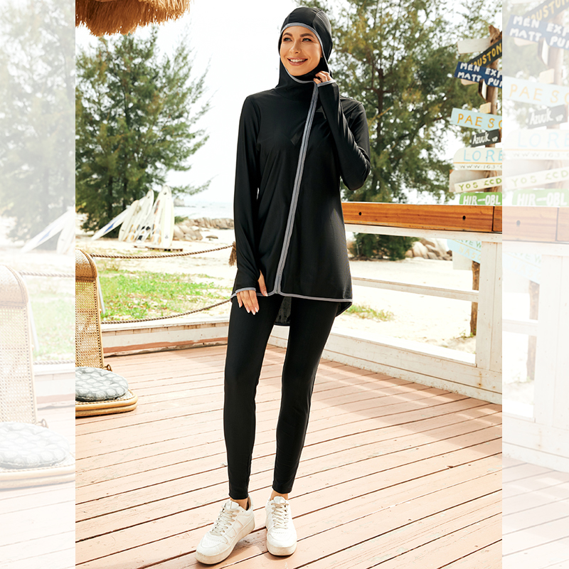2022 New Fashion Muslim Sportswear Black Full Cover Modest Sportswear 2pcs Islamic Active Wear For Women 