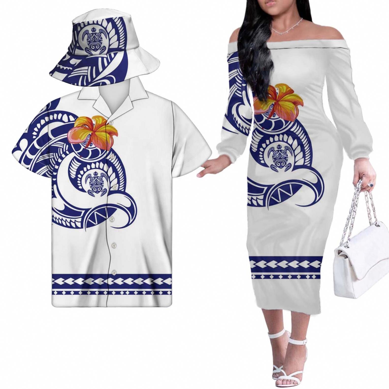 Couple Outfit Women White Dresses Sublimation Print Fisherman Hats Samoan Tribal Fall Casual Office Dresses Match Oem Men Shirt