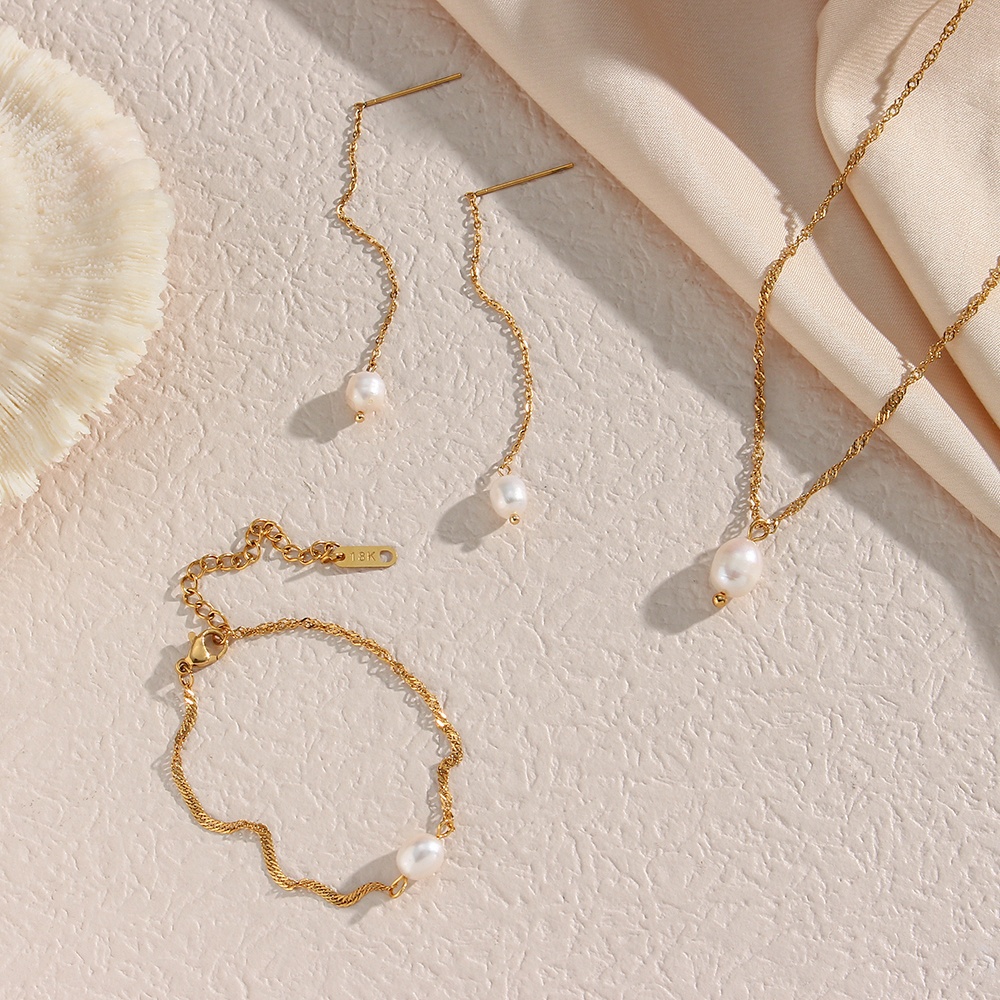 Freshwater Pearl Bridal Jewelry Set 18k Gold Plated Water Wave Chain Pendant Necklace Tassel Stud Earring