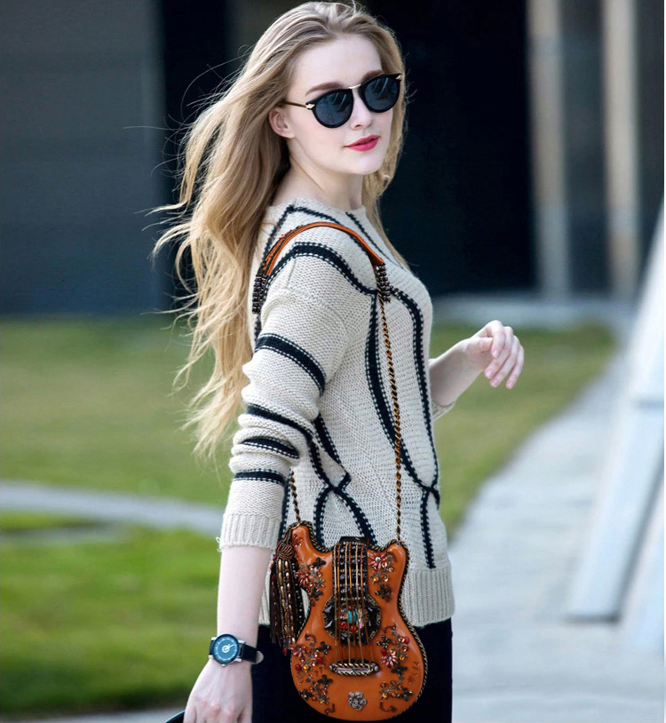 Ready To Ship Handmade Guitar Model Handbag 2021 Luxury Retro Small Bag Lady Shoulder Bag Crossbody Bag Guitar Strap Purse 