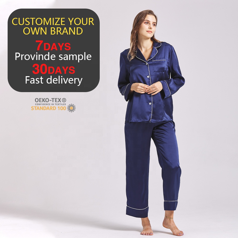 2022 New Arrivals Women's Navy Blue Silk Sleepwear 100% Silk Pajamas For Women Long Sleeve V-neck Night Silk Pyjama Set 
