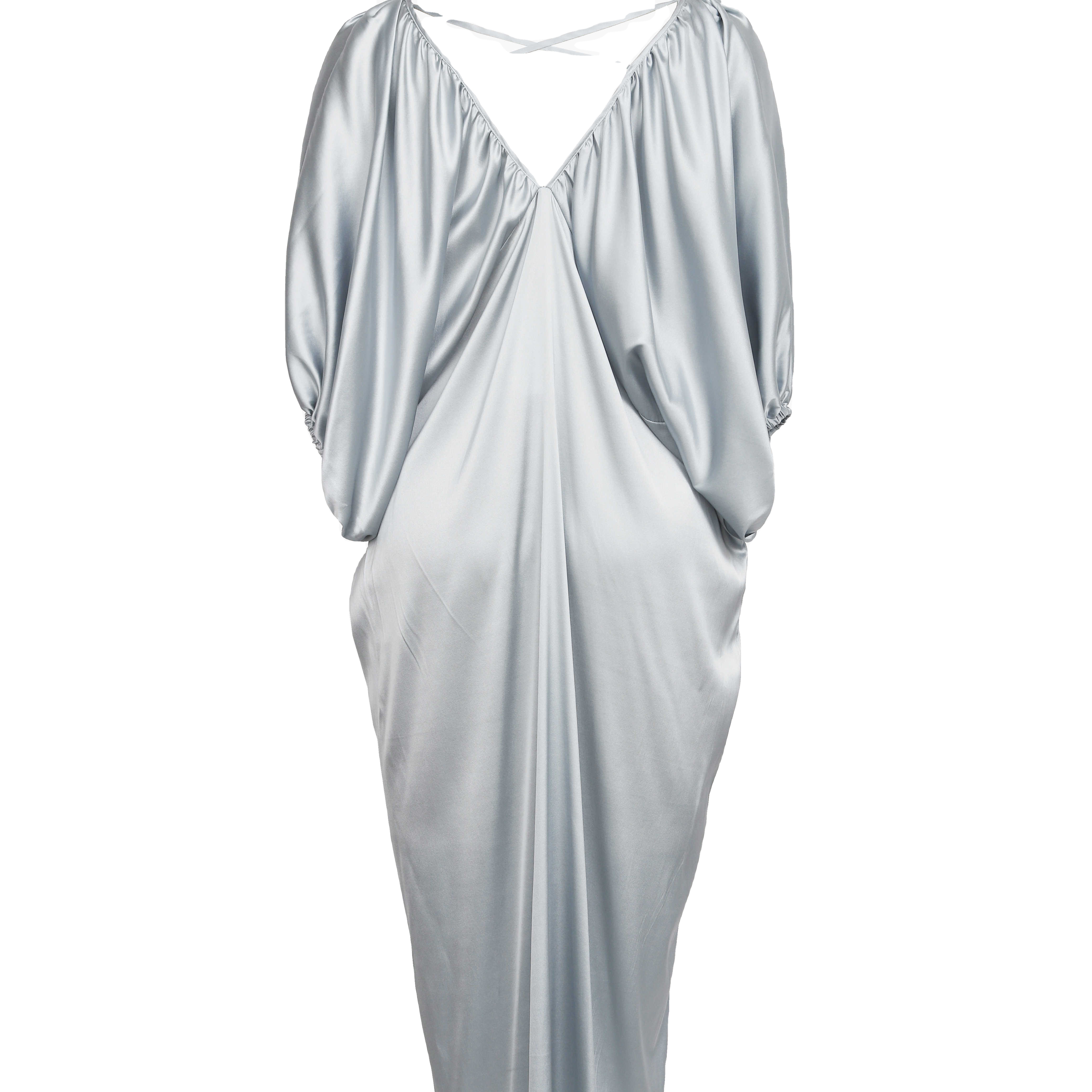 Women's Long Pure Silk Sky Blue Nightgown With Cute Bubble Sleeve For Home And Party 
