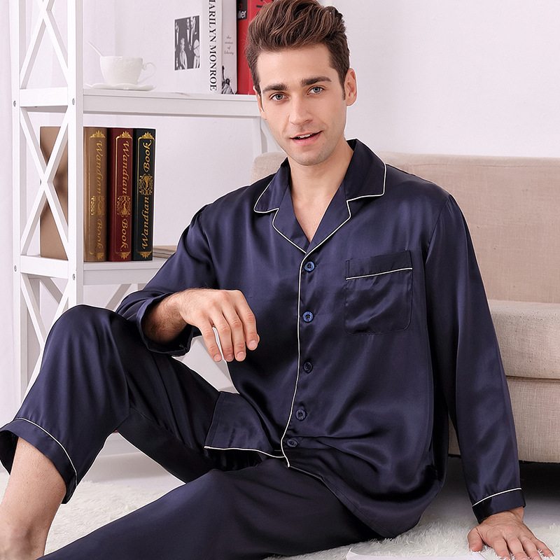 Ready-made Silk Pajamas Spring And Summer Long Sleeve Two-piece Set 100% Real Silk Noble Men&#39;s Home Clothes Silk Set Wholesale 