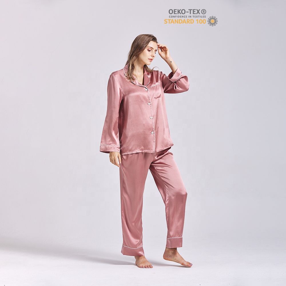 2022 New Arrival Dark Pink 2 Pieces Long 100% Silk Pyjamas 22 Momme Silk Sleep Wear For Women V-neck Silk Sleepwear 