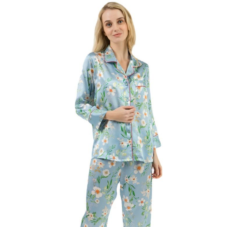 Women Pajamas Long Sleeve Pants Set Designer Floral Summer Ladies Sleepwear Satin Silk Pajama 