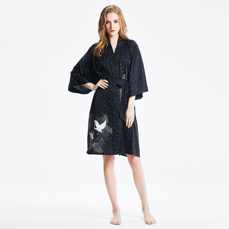 2022 New Short Kimono Black Robe Custom Pattern Silk Robe Dress Women&#39;s Sleepwear Pajamas 