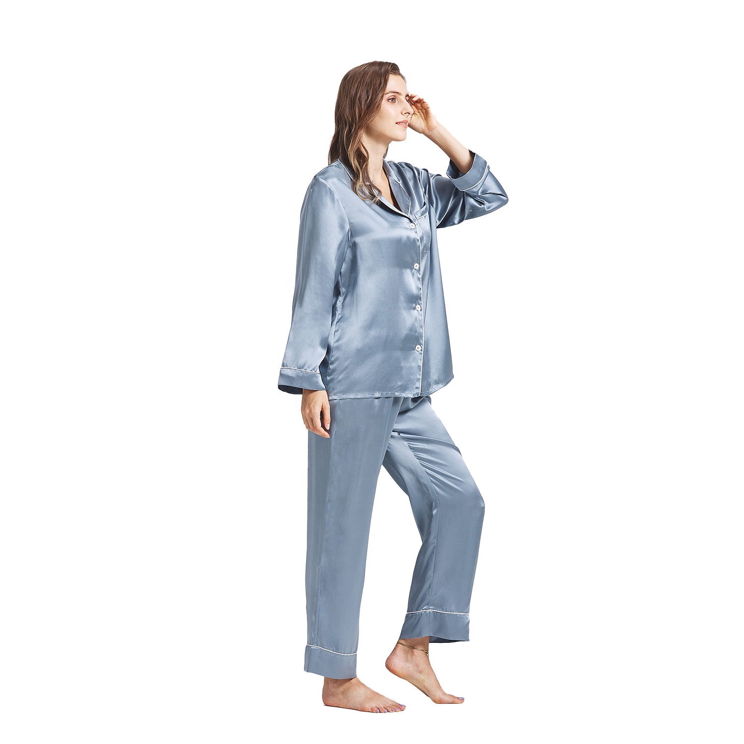 2022 New Arrivals 22mm Popular Custom Size Luxury Long Silk Pajamas Set Misty Blue Silk Sleepwear Organic Silk Pyjamas Women 