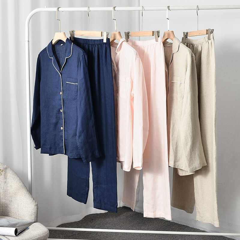 In Stock Plain Dyed Unisex Linen Pajama Women Sleepwear Set For Men Women 