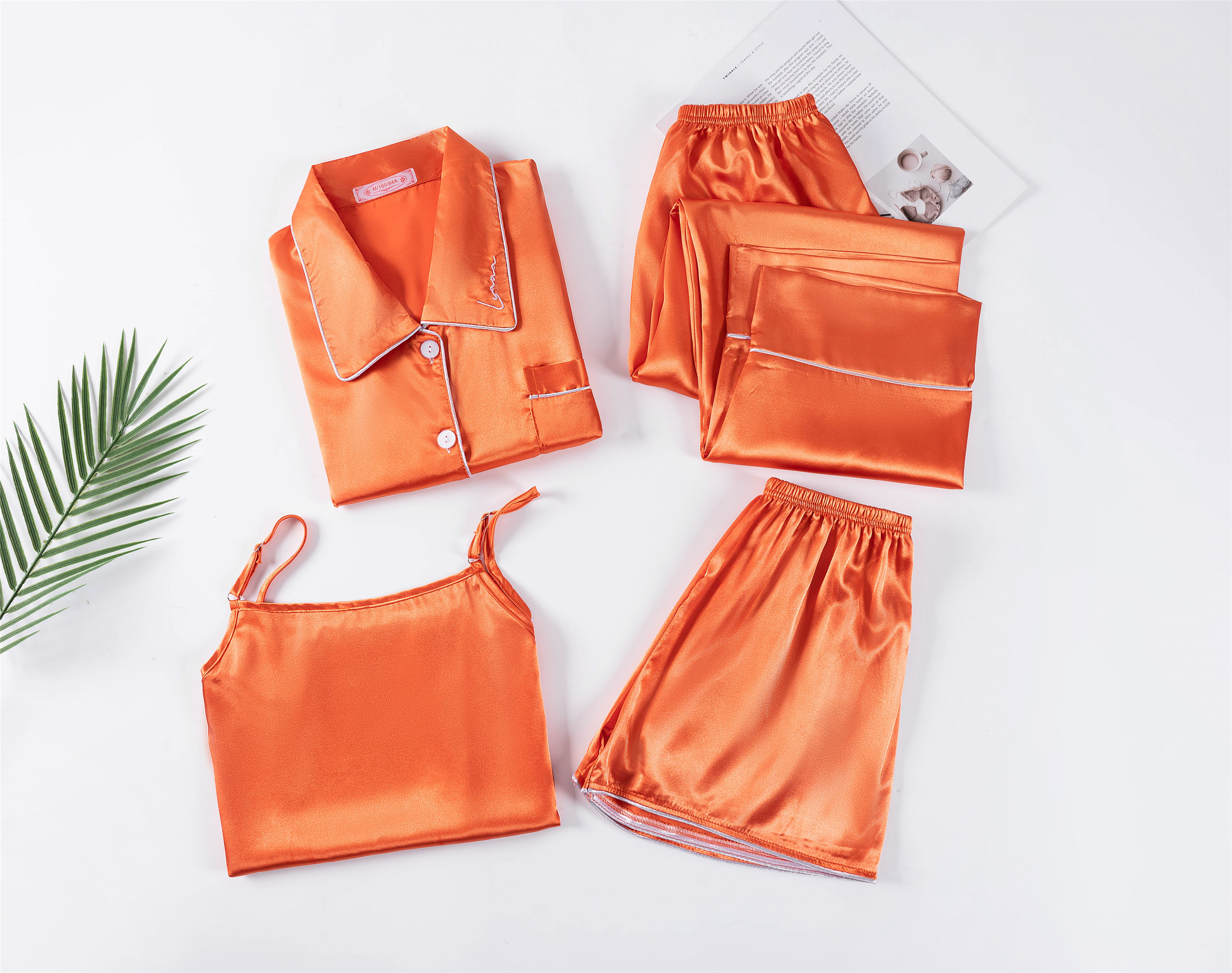 Wholesale Leisure Silk Pyjamas Nighty Loungewear Snug Pajamas Solid Color Satin Sleepwear 4pcs Pj Set Women 