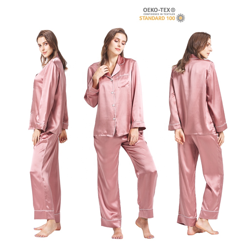Custom Logo Luxury Dark Pink Silk Sleepwear 100% Silk Pajamas For Women Long Sleeves V-neck Silk Pajama Set 