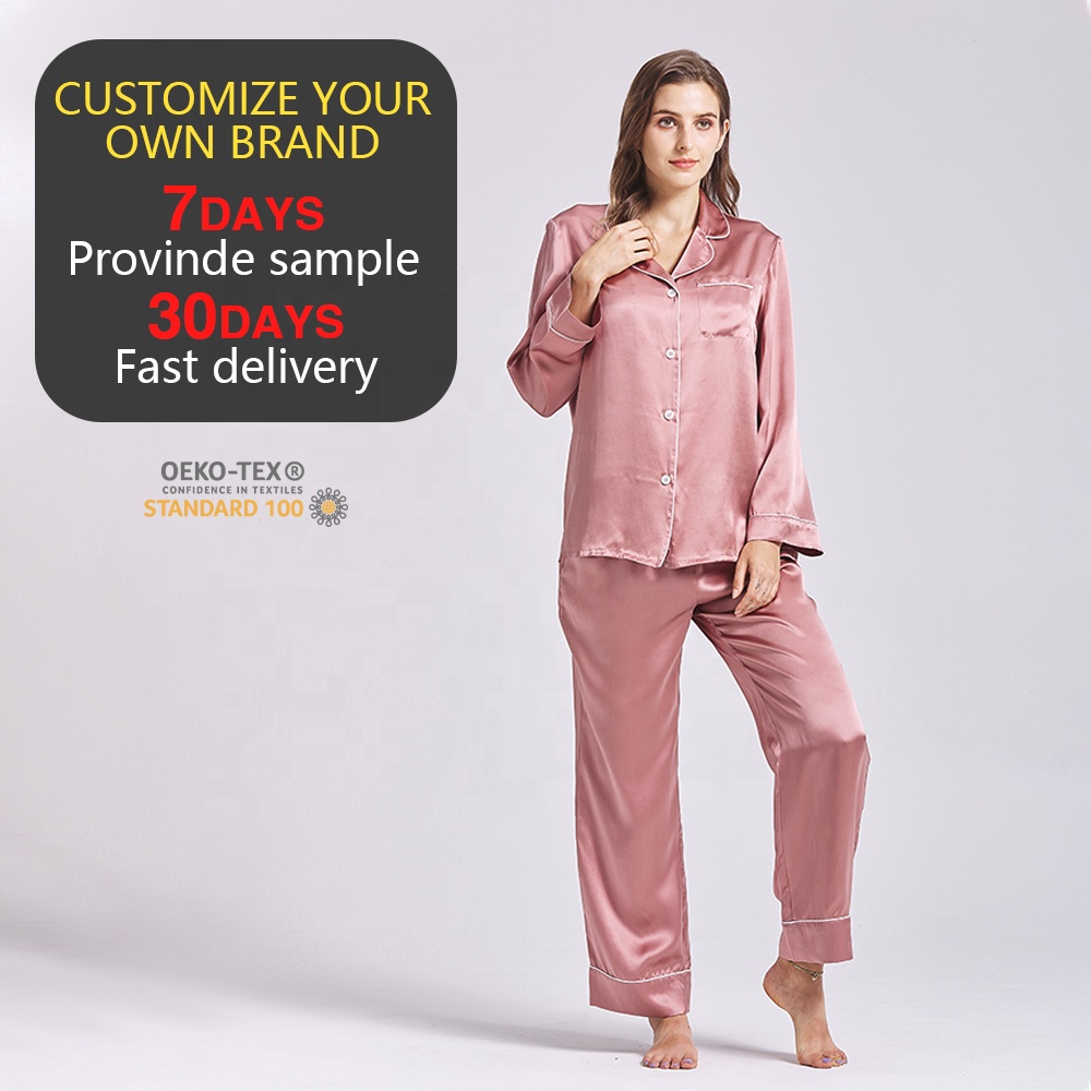 New Fashion Spring Silk Pyjamas Women 2 Pieces Long Sleeves Organic Silk Sleepwear Luxury Dark Pink Silk Pyjama Set Home Clothes 