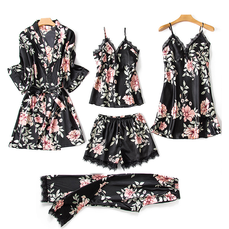 Sexy Sleepwear Ladies Luxury Smooth Silk Long Pajamas 4 Pcs Set Nighty Pajamas Women&#39;s Sleepwear Pajama Sets 