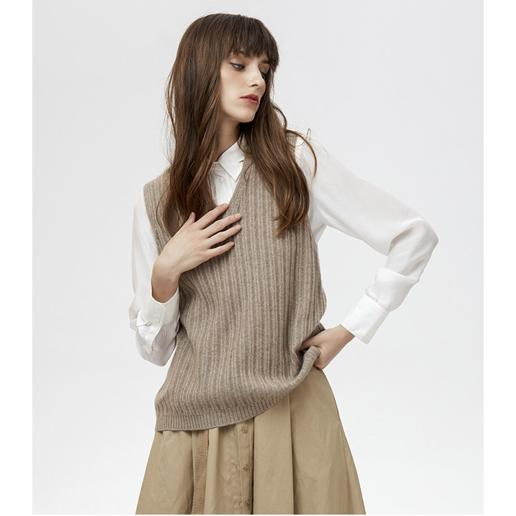 Custom V Neck Women Sweater Rib Knitted Vest Cashmere Sweater Vest For Women 