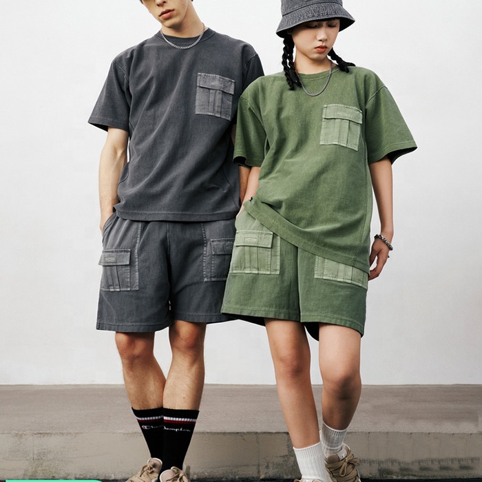 Custom Unisex Pocket Shorts And Shirt Set Men Women Wash T Shirt And Shorts Set 
