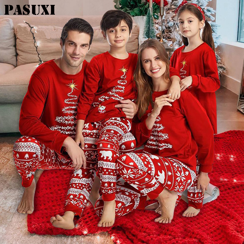 Pasuxi Family Christmas Pajamas Set Fashion Print Father Mother Kids Dog Family Matching Clothes Outfits Family Sleepwear 