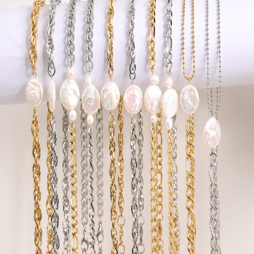 Freshwater Pearl Jewelry Sets Hypoallergenic Jewelry Gold Plated Stainless Steel Charm Pearl Necklace