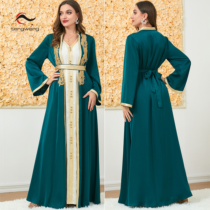 Women Turkey Abaya V-neck Long Sleeve 2 Piece Lace Embroidery Maxi Dress With Belt Robe Islam Moroccan Kaftan Arabic Woman Dress 