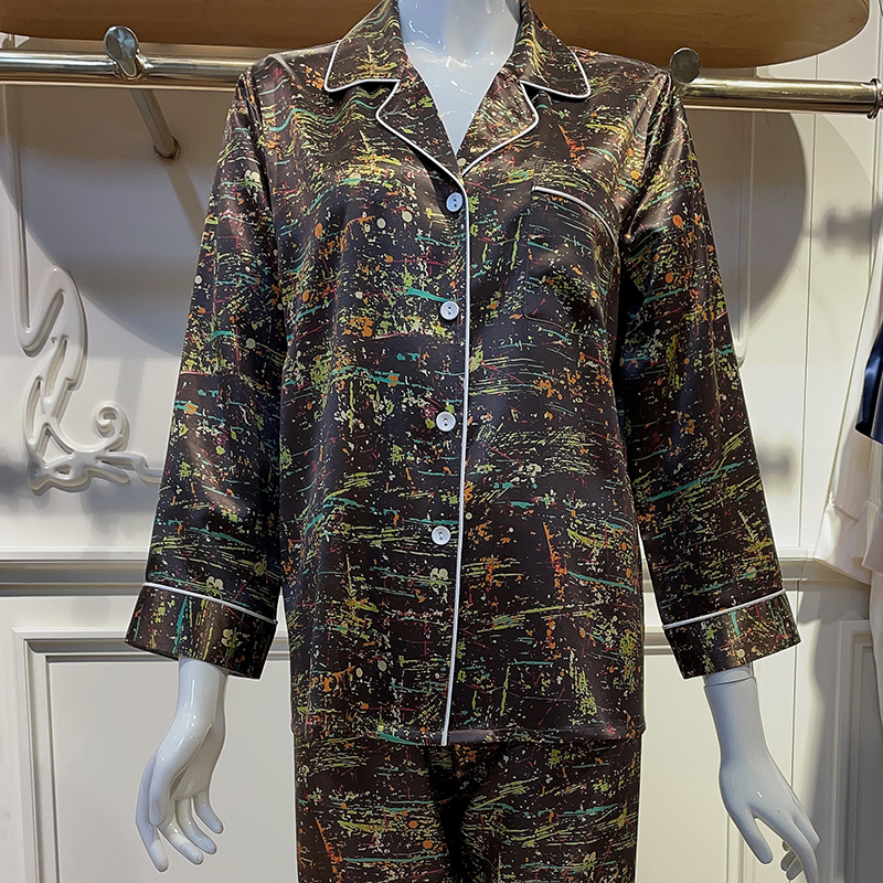 2022 Women&#39;s Sleepwear Printed 19mm Crepe Satin Plain Home Sleepwear Silk Pajamas Set For Women Robe Fille 