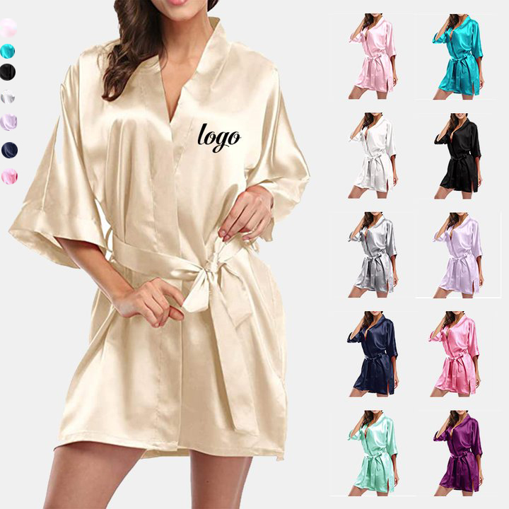 2022 Women&#39;s Sleepwear Pure Color Wedding Short Bridesmaid And Bride Robe Silk Kimono Satin Robe 