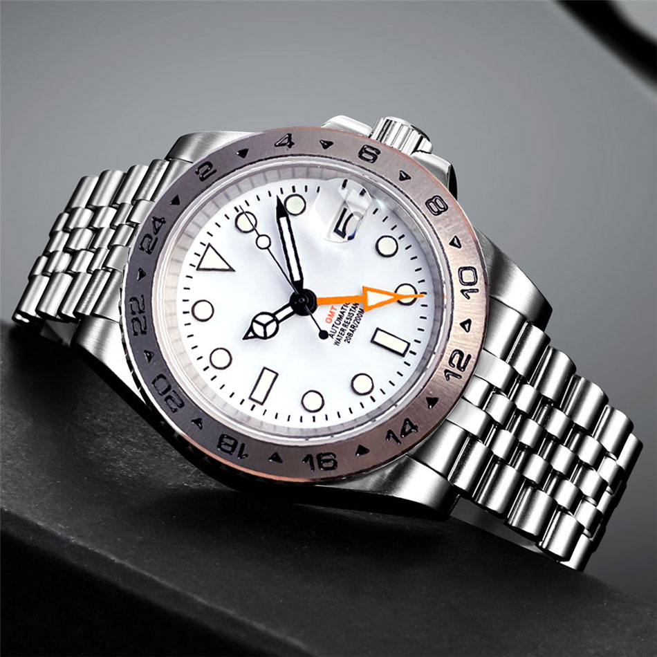 Explore Dual Time Nh34 Orange Gmt Mechanical Watch For Men Fixed Steel Bezel White Business Clock Sapphire Date 904l Bracelet 