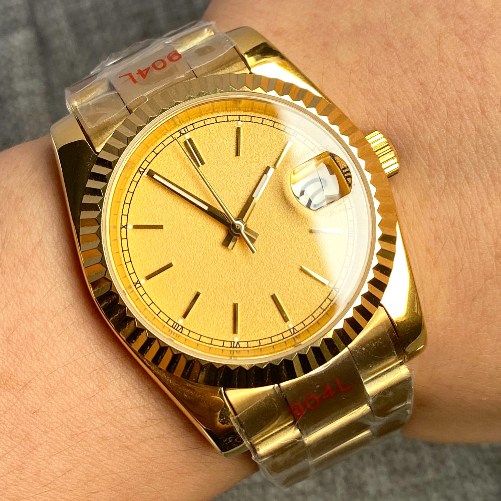 36mm Luxury Gold Mechanical Watch For Men Fluted Bezel Dj Nh35a Wristwatch Relojes Hombre Waterproof Clock Steel Date 