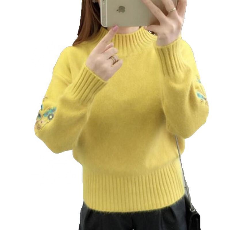 Wholesale New Arrival Autumn Winter Thick High Neck Flower Embroidery Soft Handle Felling Women Sweater 