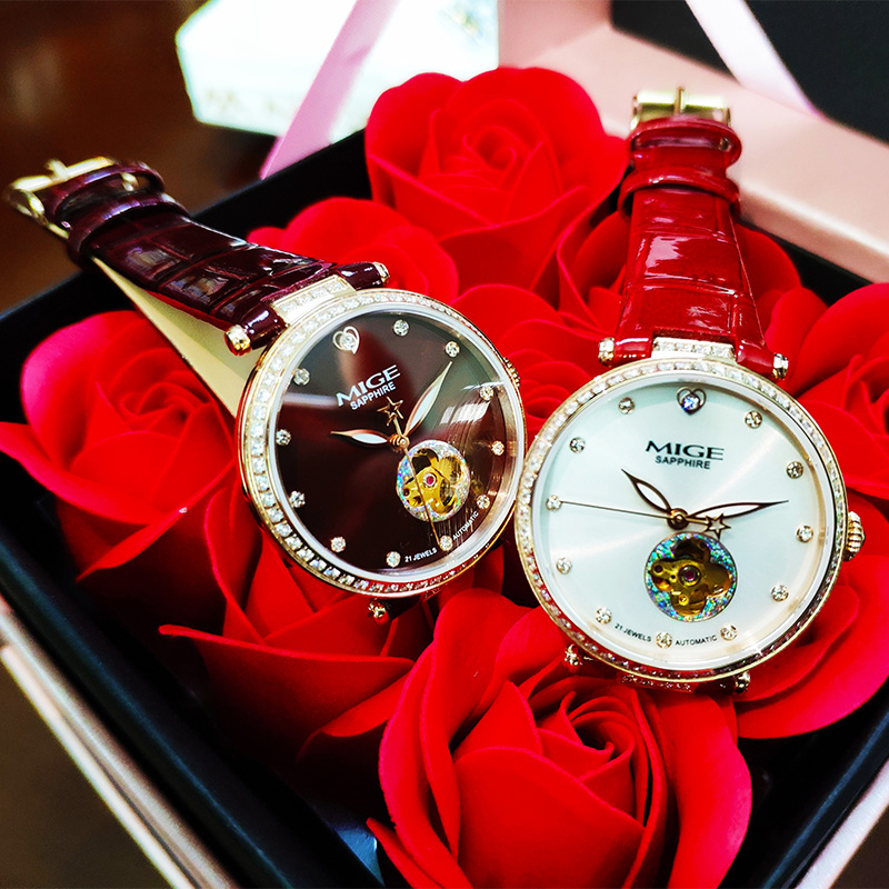 German Quality Stainless Steel Leather Strap Mechanical Automatic Movement Ladies Watches Brands Luxury Women