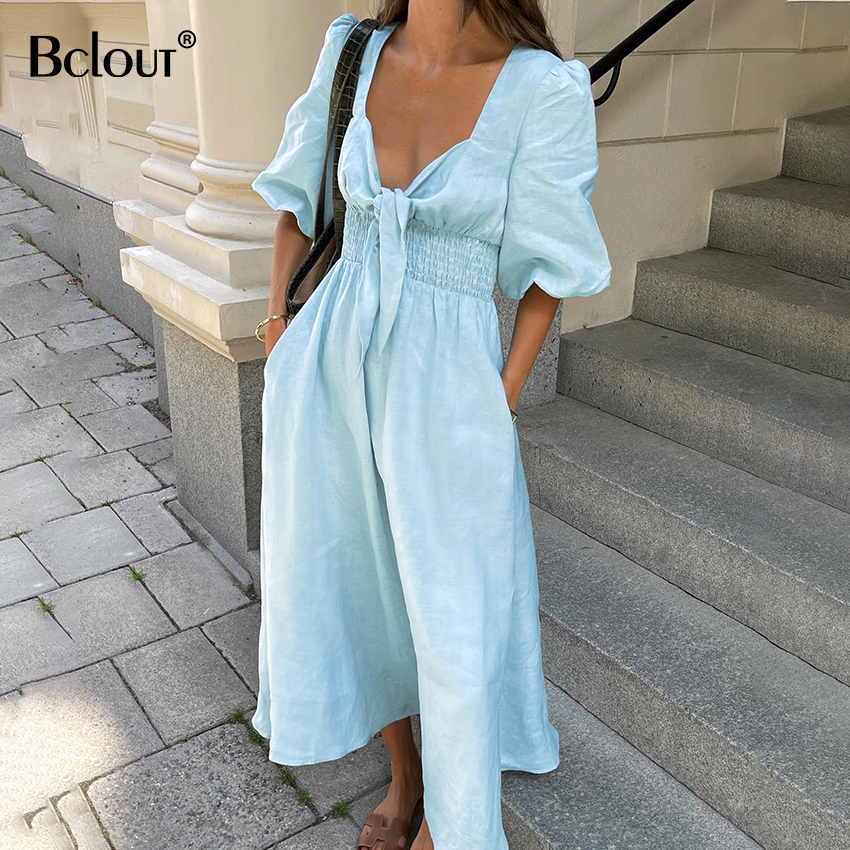 Bclout Vacation Lady Boho Casual Dress Summer 2023 Women Twist V-neck Cotton Linen Dress Light Blue Puff Sleeve Tunic Dress 