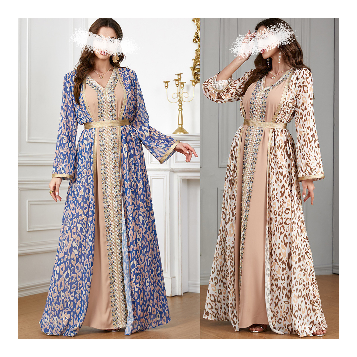 Middle East Arab Floral V-Neck Long Sleeved Two Piece Clothes Muslim Women Open Abaya Dress