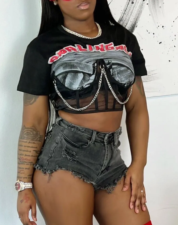 Wholesale Fashion Ins Punk Mesh Crop Top Metal Chain Letter Print Corset T Shirt Women 