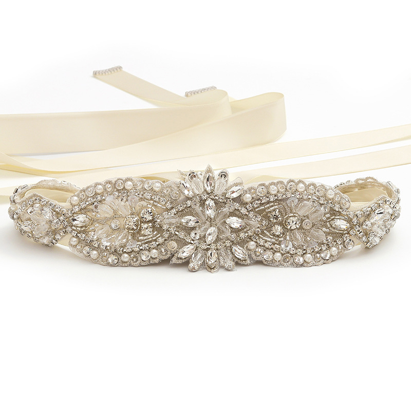 Hot Sale Crystal Rhinestone Belt Sash White Satin Wedding Dress Decoration Rhinestone Bridal Applique