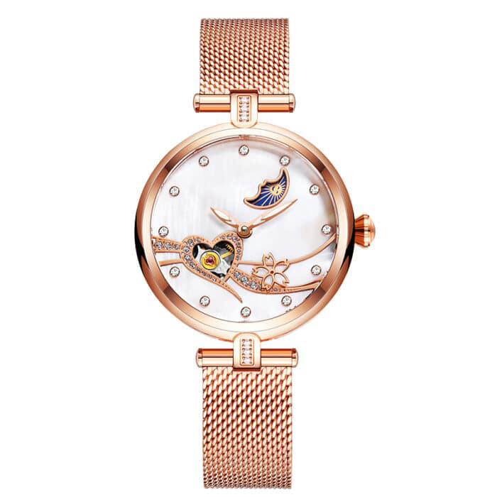 Pearl Shell Dial 316l Stainless Steel Mesh Strap Rose Gold Automatic Mechanical Watches Women 