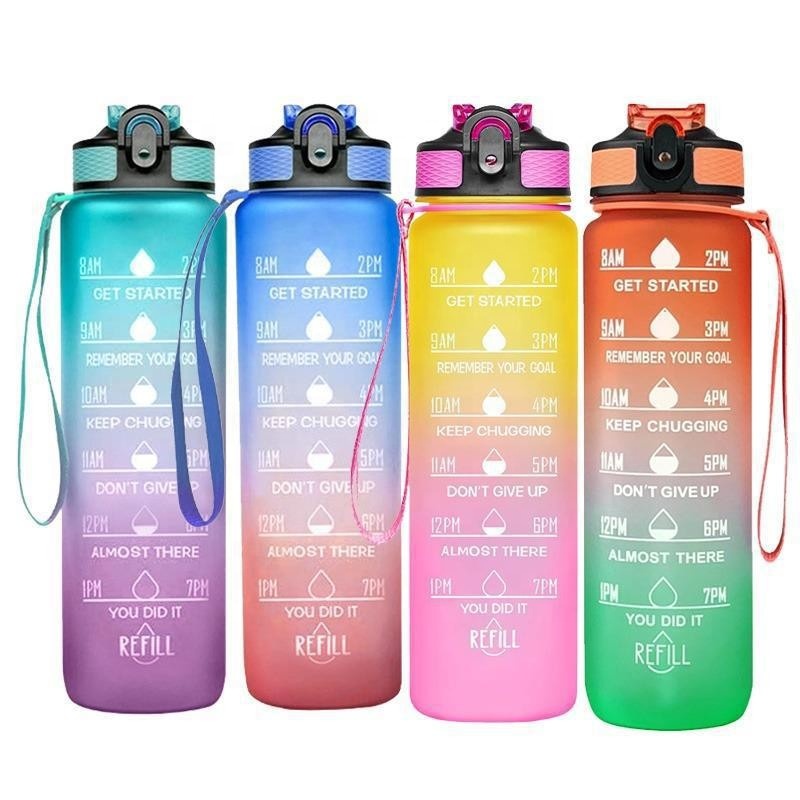 Plastic 32oz Tritan Sport Gym Motivational Bpa Free Drink Water Bottle With Time Marker Straw Strainer Flip Top Cover 